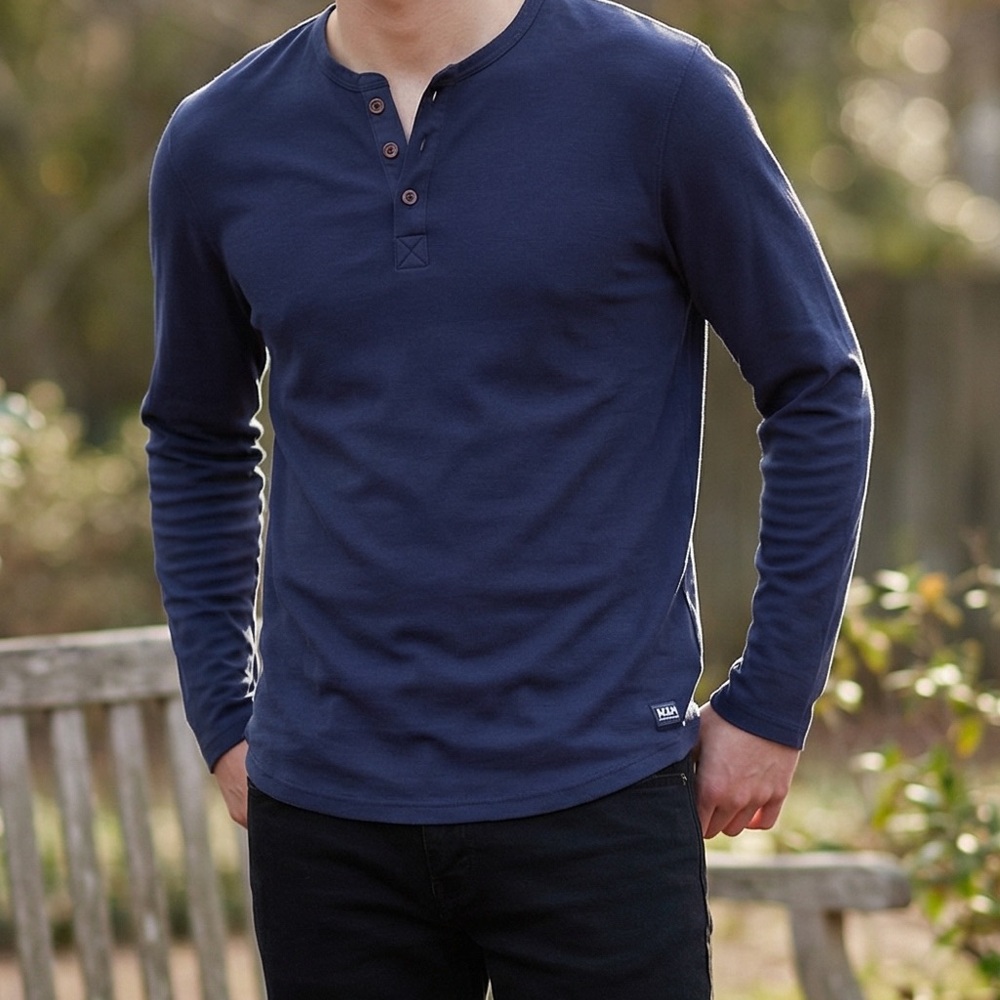 H2H NAVY BLUE SLIM FIT LONG SLEEVE HENLEY SHIRT Size L